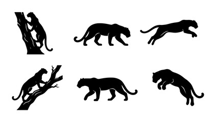 Black Panther Silhouette Collection, Wild Cat Poses Vector Set, Jungle Predator Graphics, Elegant Feline Movements, Powerful Big Cat Icons © Rahim