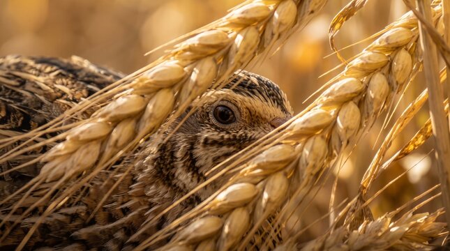 common quail hiding between ripe wheat ears in golden field