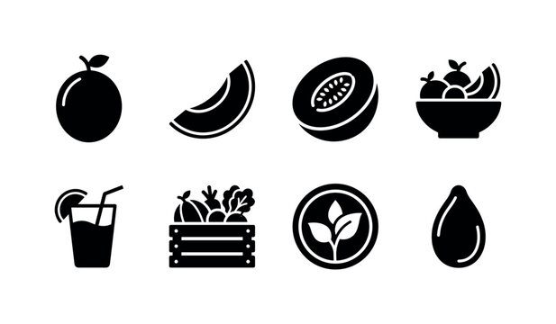 Ripe Melon Foods, solid glyph icon set featuring whole melon, melon slice, cantaloupe half, fruit bowl, juice glass, grocery crate, organic badge, seed symbol, covering fresh fruit, healthy food,