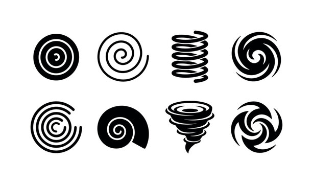 Spiral Symbol Collection, solid glyph icon set featuring tight spiral, wide spiral, helix, whirlpool, concentric curl, snail curve and vortex mark, covering abstract design, motion, meditation and app