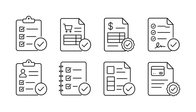 Approved Order Lists, line icon set, create exactly 8 editable mini outline icons arranged in a 4x2 grid: checklist with checkmark, approved purchase order, verified invoice, signed contract list,