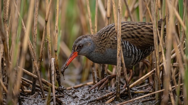 water rail probing soft mud between dense wetland reeds