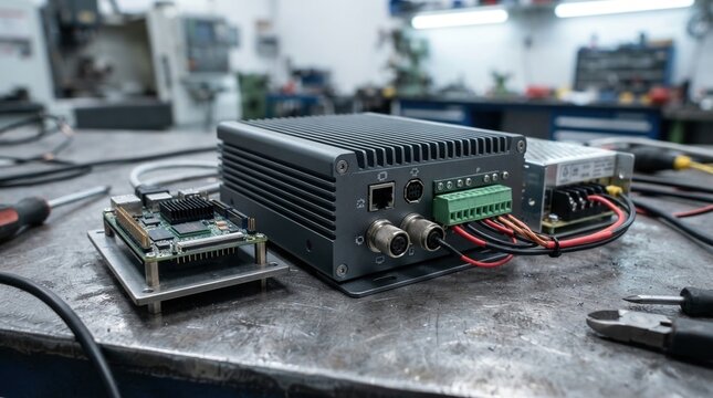 Rugged edge ai industrial pc, neural processing module, cooling fins, terminal blocks, m12 connectors, and power supply on a steel workbench.