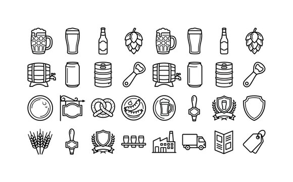 Beer Pub Essentials, line icon set featuring beer mug, pint glass, bottle, wheat, barrel, hop cone, pub sign, coaster, bottle opener, festival badge, covering beer, pubs, restaurants, breweries,