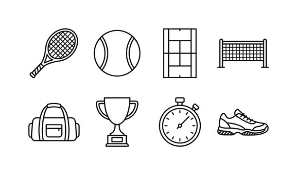 Tennis Sport Equipment, line icon set featuring tennis racket, tennis ball, court, net, sports bag, trophy, stopwatch and athletic shoe, covering tennis, sports clubs, tournaments, fitness and