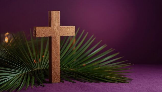 Concept of Lent, Holy Week, and Good Friday with palm leaves and cross on a purple backdrop.