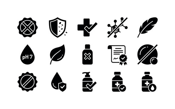 Cosmetic Safety Claims, solid glyph icon set featuring color-free badge, anti-dandruff shield, dermatology check, paraben-free molecule, hypoallergenic feather, neutral pH droplet, vegan leaf,