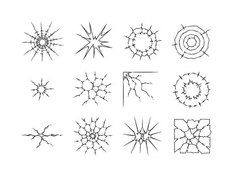 Impact Fracture Marks ? Line icon set with exactly 12 abstract impact and cracked-surface symbols arranged in a 4x3 grid: radial impact fracture, star shatter, cracked glass ring, concentric damage