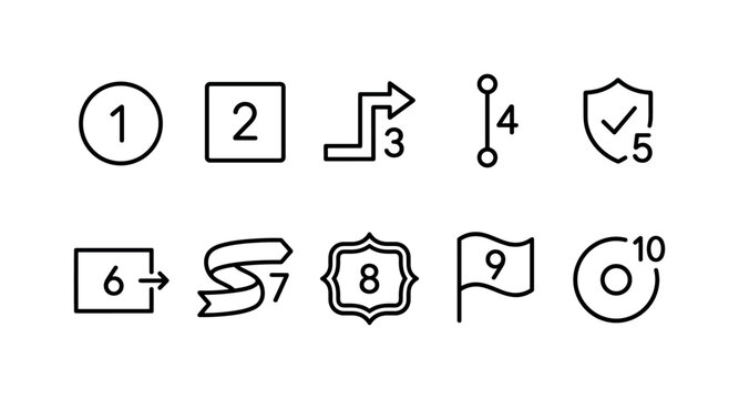 Number Step Markers, line icon set featuring numbered circle, numbered square, step arrow, timeline marker, checklist badge, process box, progress ribbon, title frame, chronology flag, document