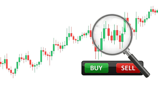 Stock market chart with magnifying glass showing price increase and buy signal isolated on transparent background