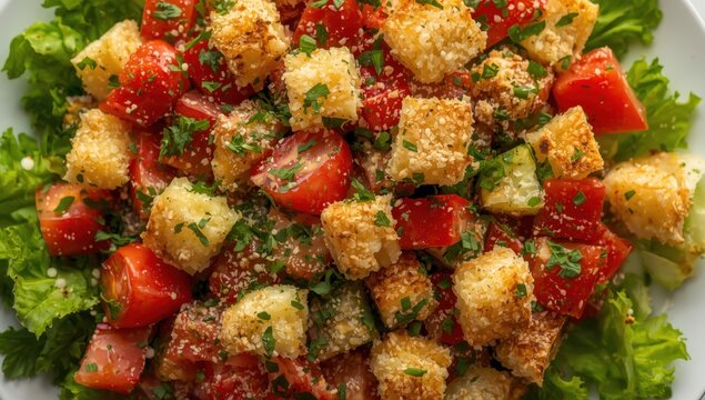 Tasty classic Fattoush or bread salad featuring pita croutons, cucumber, tomato, lettuce, and herbs on a white plate, top-down close-up.