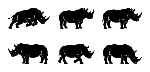 Rhino Silhouette Collection, Six Diverse Poses, Black and White Vector Art for Wildlife and Safari Themes © Farzana