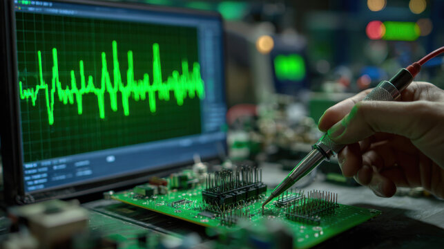 Engineer using an oscilloscope probe to test a green computer circuit board in a high tech electronics laboratory