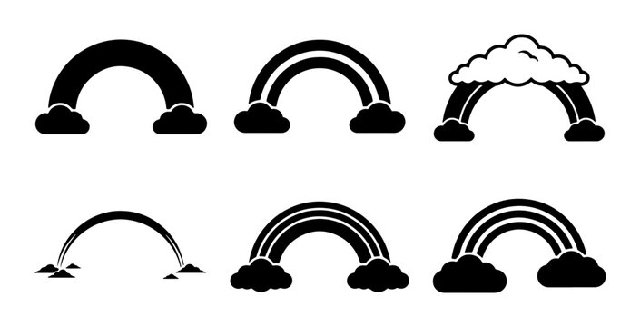 Black and White Rainbow Icons Set, Simple Arc and Cloud Graphics, Weather Symbol Collection, Sky Arch Elements