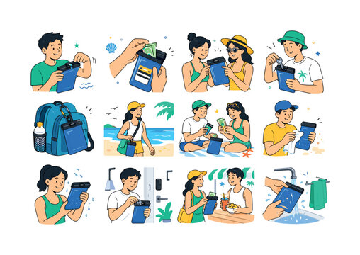 Waterproof Wallet Beach Day. Seaside money protection, travel organization, secure storage and summer vacation. 12 minimalist editorial vector scenes: a traveler seals a waterproof wallet, a person