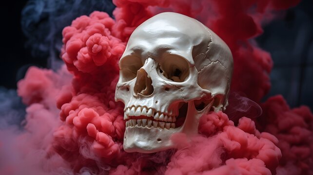 Realistic human skull emerging from mystical red smoke against a dark smoky backdrop