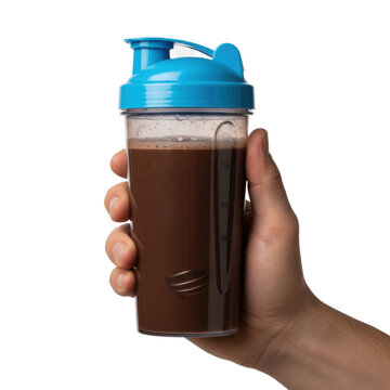 Strong, slightly tanned male hand grips transparent plastic shaker with cerulean lid, creamy dark chocolate protein shake inside, isolated on white. Concept for sports nutrition advertising