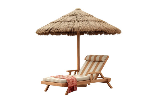 Striped beach lounger beneath straw parasol isolated on transparent background