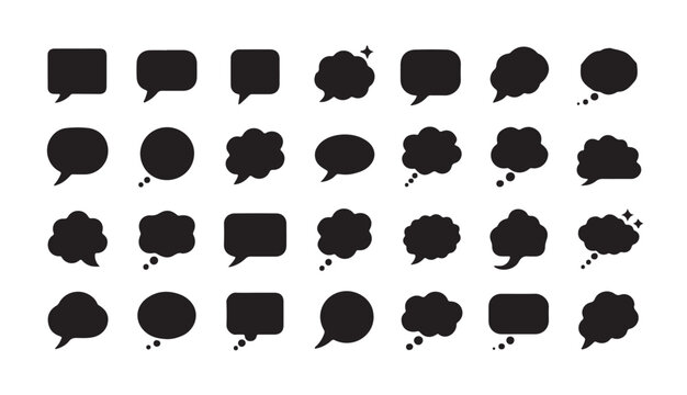 Speech bubble collection with flat black chat icons and diverse thought shapes for design.
