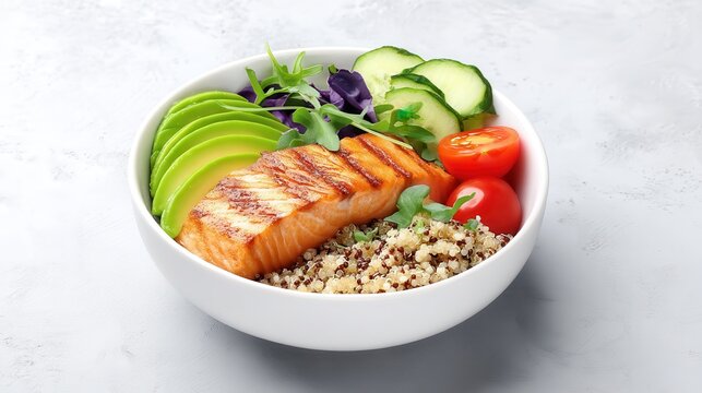 Freshly prepared healthy nourishing salad bowl with grilled salmon quinoa vegetables and greens in a white ceramic dish on a light background