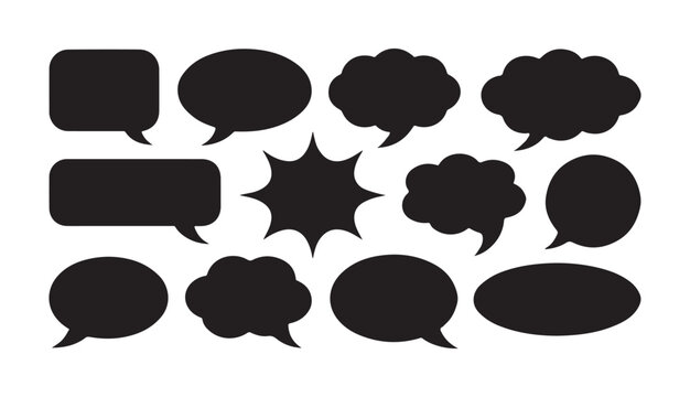 Set of black speech bubbles for chat communication isolated on transparent grid background.