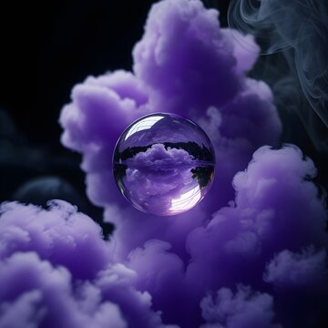 Translucent reflective sphere capturing an inverted world within vibrant purple smoke clouds