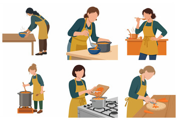 Fototapeta premium Collection of flat vector illustrations featuring women in aprons cooking, preparing soup, cutting vegetables, and tasting food in the kitchen.