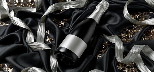 Obraz premium A sparkling wine bottle with a blank label set against black silk, accented by silver streamers and star confetti.