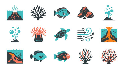 Underwater ecosystem elements appear as a collection of colorful icons depicting marine life and geological activity. © MALAM