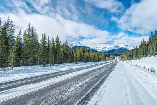 Jasper National Park, the Icefields Parkway highway with snow and ice, pine forests and view of mountains.