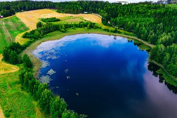 Fotobehang Groen Lush green trees surrounding tranquil blue pond reflecting sky on sunny day in late spring in Finland  © NBLX