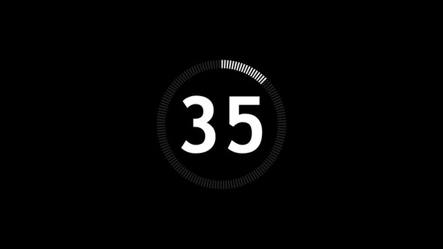 White circle countdown one minute animation from 40 to 0 seconds. Modern flat design with animation on dark black background.