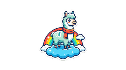 Obraz premium Cute Alpaca Standing on Cloud with Rainbow
