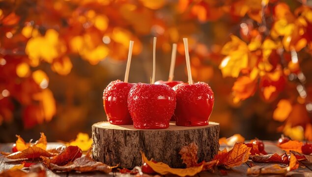 Tasty caramel apples on a stick