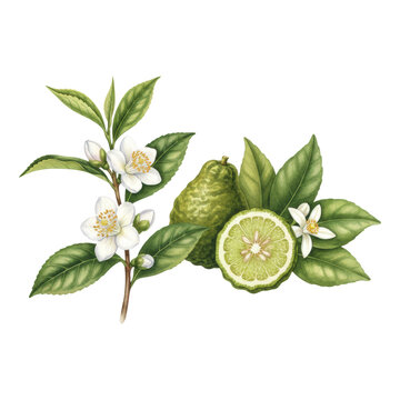 Detailed watercolor botanical illustration of `Camellia sinensis` and `Citrus bergamia` on transparent background, suggesting a harmonious blend for packaging design concept