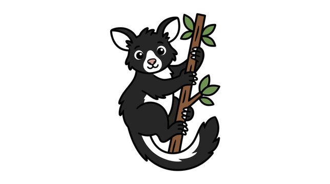Cute cartoon possum climbing a tree branch