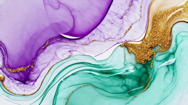 Abstract fluid art with purple teal and gold
