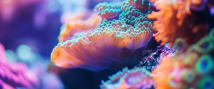 Close-up of vibrant coral reef with colorful polyps and textures.