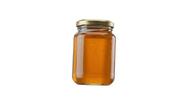A clear glass jar filled with golden organic honey, isolated against a solid white background. Perfect for food packaging designs, honey brand advertisements, breakfast product listings, and grocery s
