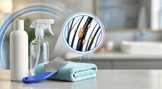 Lice treatment products on a bathroom counter. Metal nit comb on a blue towel with a white bottle and spray. Magnified view of a head louse and nits on hair strands