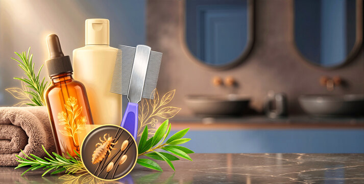 Natural lice treatment products with essential oil and nit comb on a marble counter. Amber dropper bottle and herbal remedies. Magnified view of head louse on hair