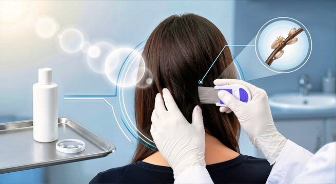 Healthcare professional in white gloves checking woman's hair for lice. Doctor examining scalp with a fine nit comb. Magnified view of head louse and nits on hair