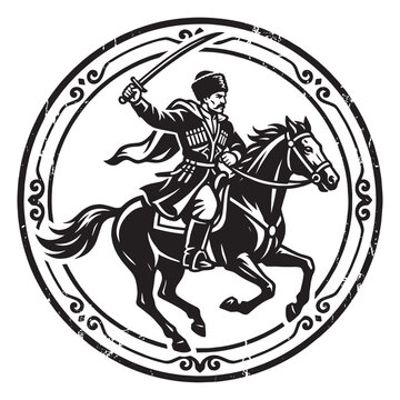 Vintage Retro Heritage Distressed Emblem of a Traditional Caucasian Warrior on Horseback with a Sword