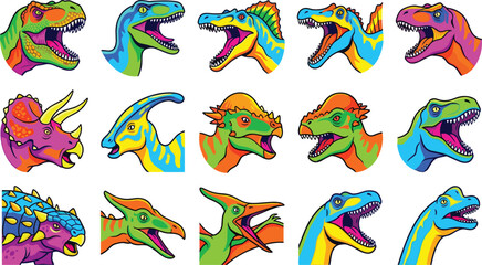 Colorful Dinosaur Head Collection with Tyrannosaurus, Triceratops, Parasaurolophus, Spinosaurus, Ankylosaurus, Pterosaur, and Prehistoric Vector Illustration Set © Priyanka