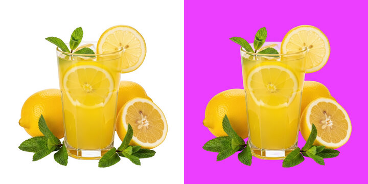 Freshly squeezed lemon juice with mint leaves and lemon slices on a white background