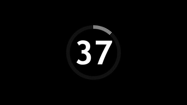 White circle countdown one minute animation from 42 to 0 seconds. Modern flat design with animation on dark black background.