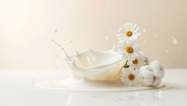 Milk splash with chamomile flowers and cotton close up