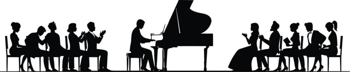 Grand Piano Recital Performance Black Silhouette Audience Applauding Classical Music Concert Isolated Vector Illustration Entertainment Event Collection Design © MdAjijul
