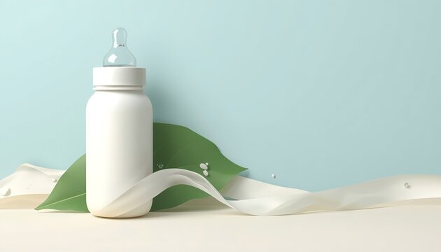 Minimalist White Baby Bottle with Green Leaf and Ribbon