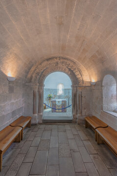 Edinburgh Castle, St. Margaret's Chapel, the oldest building in Edinburgh Castle dating from the 12th century, view of the altar and barrel vaulted ceiling.